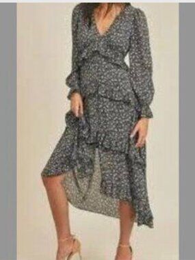 Lush Floral Ruffle‎ Tiered V-Neck High-Low Midi Dress Cottage Core Women's S